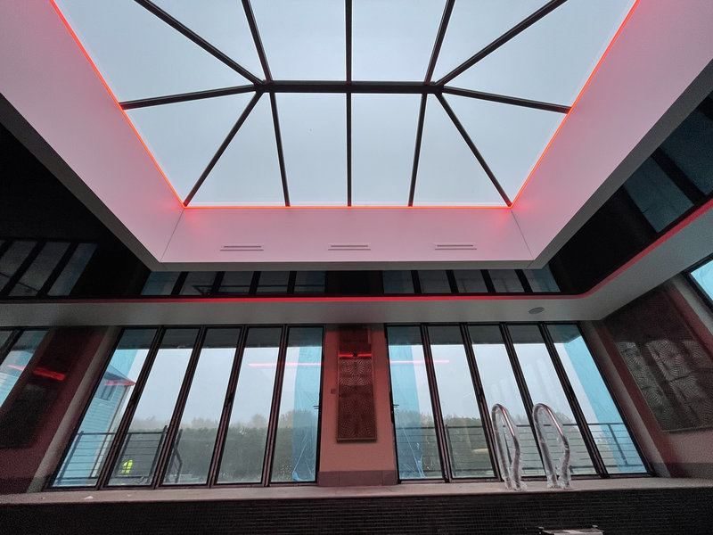 Stretch ceiling installation in private indoor pool