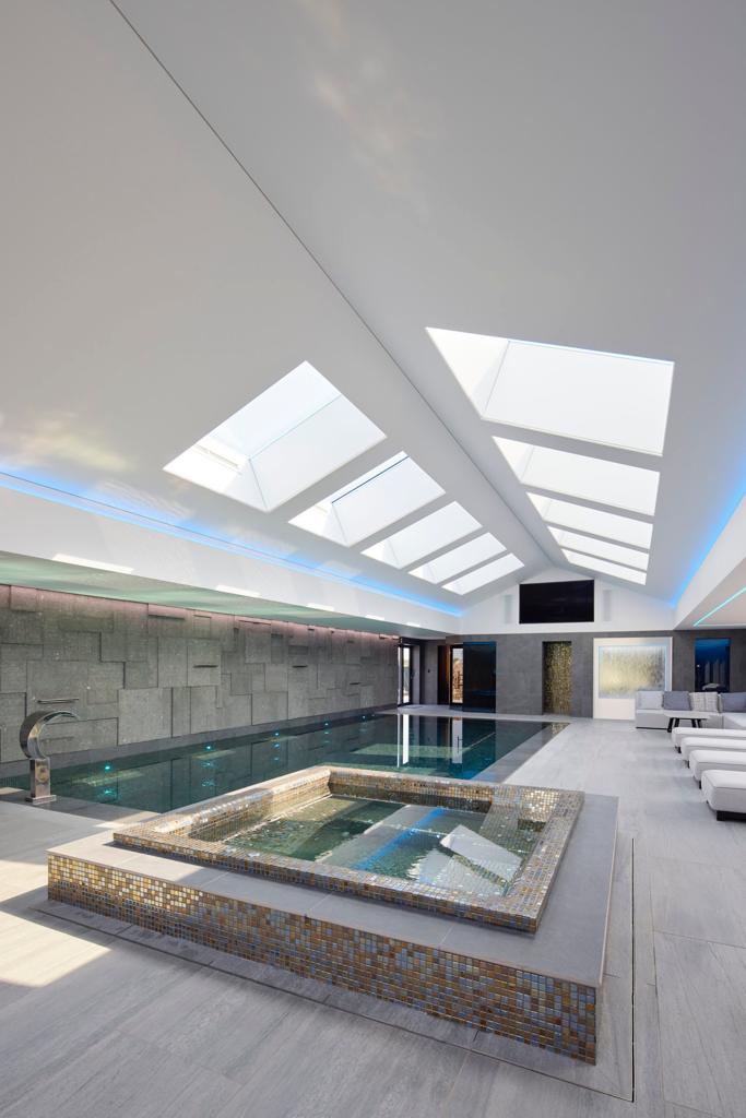 Pool ceiling with recessed LED lighting and clean finish